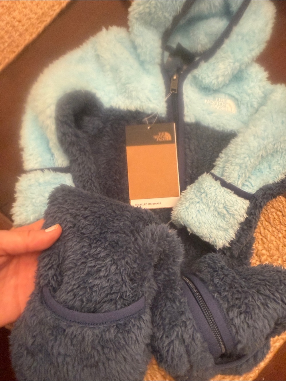The North Face Kids Two-Tone Sherpa one piece in Light Blue & Navy